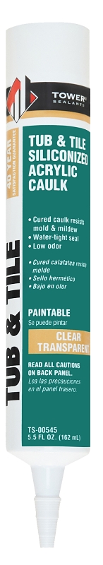 Tower Sealants TUB and TILE TS-00545 Silicone Acrylic Caulk, Clear, 7 to 14 days Curing, 40 to 120 deg F, 5.5 fl-oz Tube  18 Pack