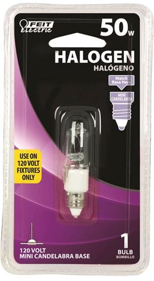 Feit Electric BPQ50/CL/MC/RP Halogen Light Bulb, 50 W, Miniature Candelabra Screw E11 Lamp Base, T4 Lamp