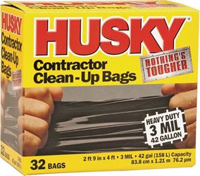 Husky HK42WC032B Heavy Duty Contractor Clean-Up Bag, 42 gal, 4 ft L x 2 ft 9 in W x 3 mil T, Polyethylene Resin, Black 
