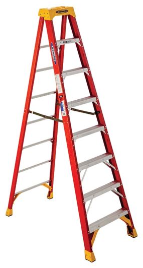 Werner 6200 Series 6208 Step Ladder, 8 ft H, Type IA Duty Rating, Fiberglass/Plastic/Rubber/Steel, 300 lb, 7-Step
