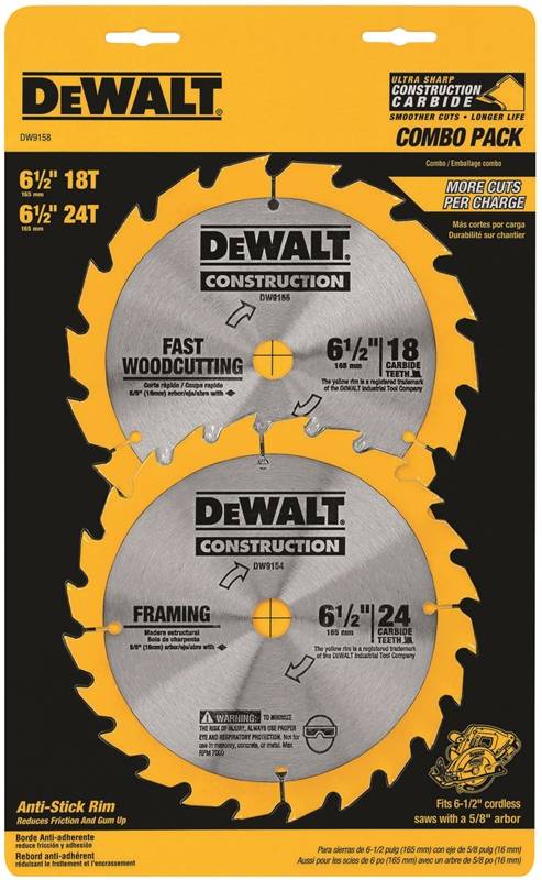 DEWALT DW9155 6-1//2/" x 18 Tooth Fast Cutting Carbide Saw Blade