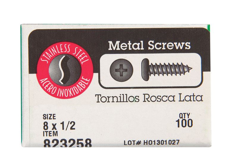 Hillman 823258 Stainless Steel Pan Head Phillips Sheet Metal Screw 8 x 1/2 in. 
