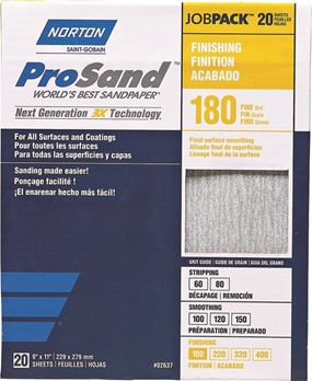 NORTON ProSand 07660768168 Sanding Sheet, 11 in L, 9 in W, Fine, 180 Grit, Aluminum Oxide Abrasive, Paper Backing
