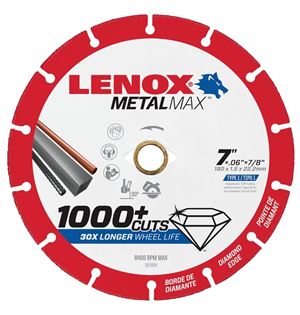 Lenox MetalMax 1972924 Cut-Off Wheel, 7 in Dia, 1/16 in Thick, 7/8 in Arbor, 40, 50 Grit, Diamond Abrasive