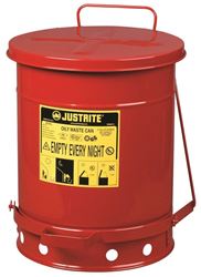 Justrite 09300 Oily Waste Can, 10 gal Can, Steel, Red, Foot-Operated Self-Closing, 13.938 in Dia, 18-1/4 in H 