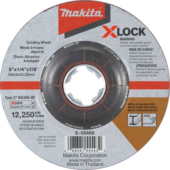 Makita X-LOCK E-00468 Grinding Wheel, 5 in Dia, 1/4 in Thick, 7/8 in Arbor, 36 Grit, Coarse