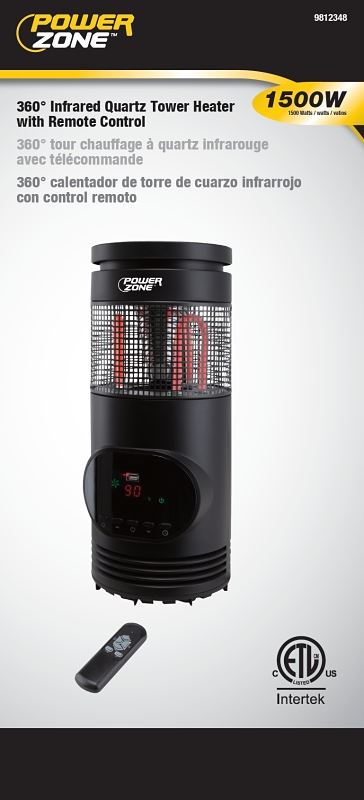 PowerZone 360 deg Infrared Quartz Tower Heater with Remote Control, 12.5 A, 120 V, ECO/1000/1500 W, Black - VORG9812348
