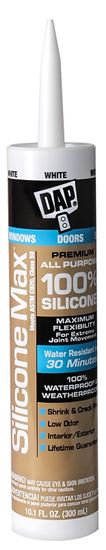 DAP SILICONE MAX 08790 Silicone Sealant, White, 24 hr Curing, -35 to 120 deg F, 10.1 fl-oz Cartridge/Tube