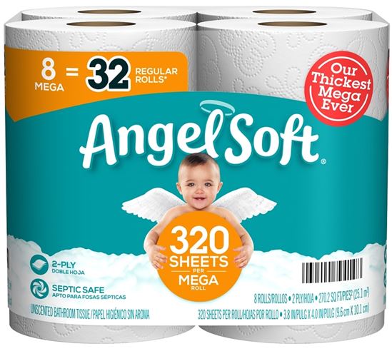 Angel Soft 79414 Toilet Tissue, 4 x 3.8 in Sheet, 1280 in L Roll, 2-Ply, Paper  8 Pack
