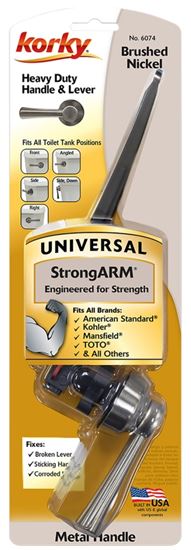 Korky StrongARM Series 6074BP Tank Flush Lever, Angled, Front, Right, Side Mounting, Metal, Brushed Nickel