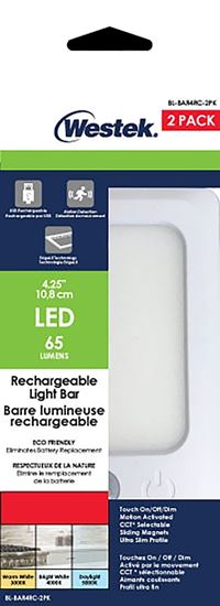 Westek BL-BAR4RC-2PK Rechargeable Bar Light, 5 V, Lithium-Ion Battery, LED Lamp, 60, 65, 60 Lumens, White
