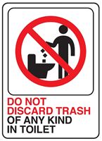 HY-KO D-25 Deco Sign, DO NOT DISCARD TRASH OF ANY KIND IN TOILET, White Background, Plastic, 7 in H x 5 in W Dimensions  5 Pack