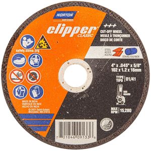 Norton Clipper Classic A AO Series 70184609133 Cut-Off Wheel, 4 in Dia, 0.045 in Thick, 5/8 in Arbor, 1/EA