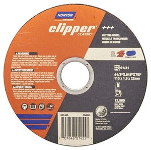 Norton Clipper Classic A AO Series 70184601455 Cut-Off Wheel, 4-1/2 in Dia, 0.045 in Thick, 7/8 in Arbor, 1/EA