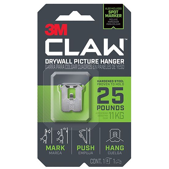 3M CLAW 3PH25M-1ES Drywall Picture Hanger, 25 lb, Steel, Push-In Mounting  4 Pack