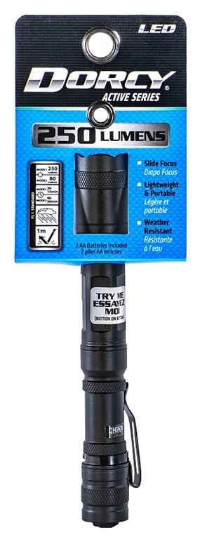 Dorcy 41-4117 Flashlight, AA Battery, Alkaline Battery, 250 Lumens High, 80 Lumens Low Lumens, Spot Beam, Black