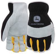 John Deere JD86020-L Work Gloves, Slip-On, Mens, L, Keystone Thumb, Shirred Cuff, Spandex Back, Black/Gray