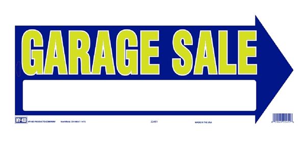 HY-KO 22451 Directional Sign, GARAGE SALE (Arrow), Yellow Legend, Blue Background, Plastic, 9 in H x 18 in W Dimensions  10 Pack