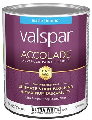 Valspar Accolade 1100 028.0011002.005 Latex Paint, Acrylic Base, Matte, Ultra White, 1 qt, Plastic Can