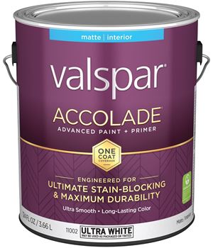 Valspar Accolade 1100 028.0011002.007 Latex Paint, Acrylic Base, Matte, Ultra White, 1 gal, Plastic Can, Pack of 4