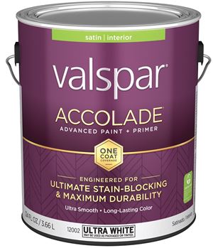 Valspar Accolade 1200 028.0012002.007 Latex Paint, Acrylic Base, Satin, Ultra White, 1 gal, Plastic Can, Pack of 4