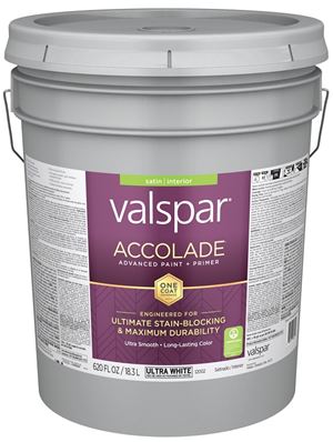 Valspar Accolade 1200 028.0012002.008 Latex Paint, Acrylic Base, Satin, Ultra White, 5 gal, Plastic Pail