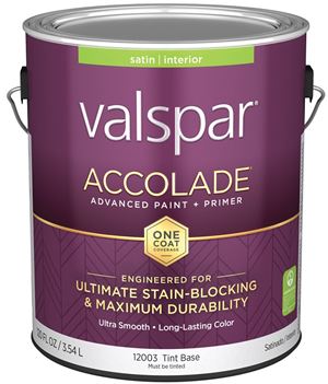 Valspar Accolade 1200 028.0012003.007 Latex Paint, Acrylic Base, Satin, Tint Base, 1 gal, Plastic Can, Pack of 4