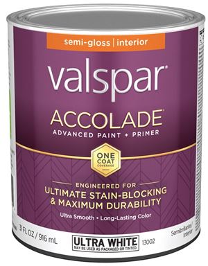 Valspar Accolade 1300 028.0013002.005 Latex Paint, Acrylic Base, Semi-Gloss, Ultra White, 1 qt, Metal Can