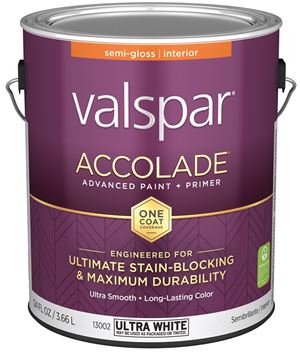 Valspar Accolade 1300 028.0013002.007 Latex Paint, Acrylic Base, Semi-Gloss, Ultra White, 1 gal, Plastic Can, Pack of 4