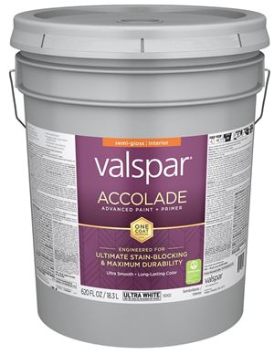 Valspar Accolade 1300 028.0013002.008 Latex Paint, Acrylic Base, Semi-Gloss, Ultra White, 5 gal, Plastic Pail