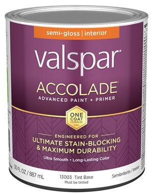 Valspar Accolade 1300 028.0013003.005 Latex Paint, Acrylic Base, Semi-Gloss, Tint Base, 1 qt, Plastic Can
