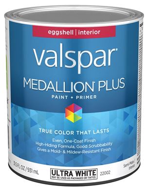 Valspar Medallion Plus 2200 028.0022002.005 Latex Paint, Acrylic Base, Eggshell Sheen, Ultra White Base, 1 qt