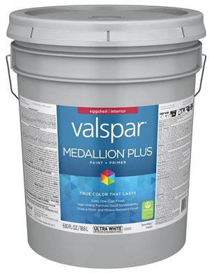 Valspar Medallion Plus 2200 028.0022002.008 Latex Paint, Acrylic Base, Eggshell Sheen, Ultra White Base, 5 gal