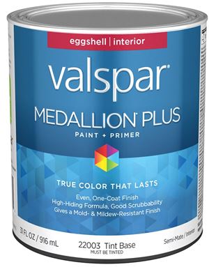 Valspar Medallion Plus 2200 028.0022003.005 Latex Paint, Acrylic Base, Eggshell Sheen, Tint Base, 1 qt, Plastic Can