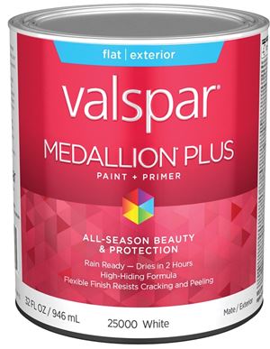 Valspar Medallion Plus 2500 028.0025000.005 Latex Paint, Acrylic Base, Flat Sheen, White Base, 1 qt, Plastic Can, Pack of 4