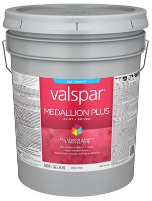 Valspar Medallion Plus 2500 028.0025000.008 Latex Paint, Acrylic Base, Flat Sheen, White Base, 5 gal, Plastic Pail