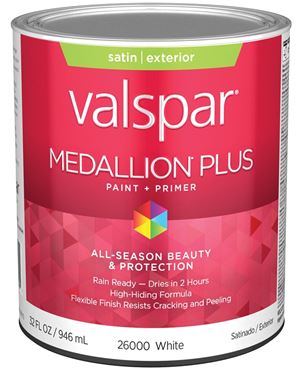 Valspar Medallion Plus 2600 028.0026000.005 Latex Paint, Acrylic Base, Satin Sheen, White Base, 1 qt, Plastic Can