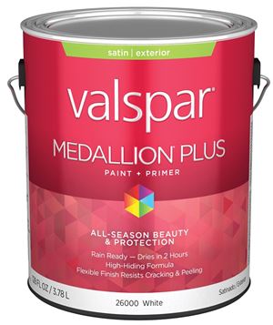 Valspar Medallion Plus 2600 028.0026000.007 Latex Paint, Acrylic Base, Satin Sheen, White Base, 1 gal, Plastic Can, Pack of 4