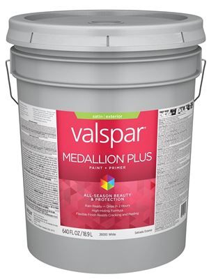 Valspar Medallion Plus 2600 028.0026000.008 Latex Paint, Acrylic Base, Satin Sheen, White Base, 5 gal, Plastic Pail