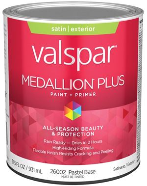 Valspar Medallion Plus 2600 028.0026002.005 Latex Paint, Acrylic Base, Satin Sheen, Pastel Base, 1 qt, Plastic Can