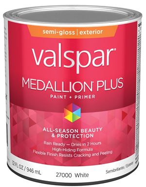 Valspar Medallion Plus 2600 028.0027000.005 Latex Paint, Acrylic Base, Semi-Gloss Sheen, White Base, 1 qt