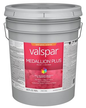 Valspar Medallion Plus 2600 028.0027000.008 Latex Paint, Acrylic Base, Semi-Gloss Sheen, White Base, 5 gal