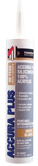 Tower Sealants ACCURA PLUS TS-00031 Silicone Sealant, White, 7 to 14 days Curing, 40 to 140 deg F, 10.1 fl-oz Tube  12 Pack