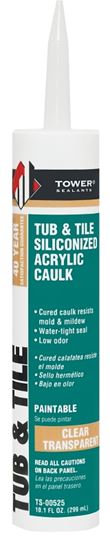 Tower Sealants TUB and TILE TS-00525 Silicone Acrylic Caulk, Clear, 7 to 14 days Curing, 40 to 120 deg F, 10.1 fl-oz  12 Pack