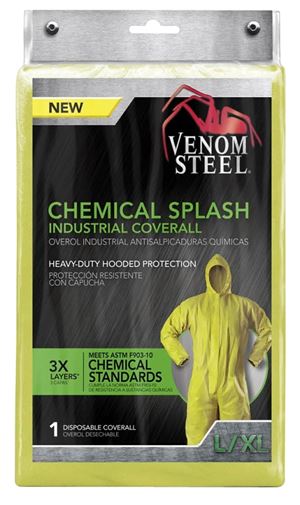 Venom Steel VENCV400 Chemical Splash Coveralls, L, XL, Unisex, Zipper, Polyethylene/Polypropylene, Yellow
