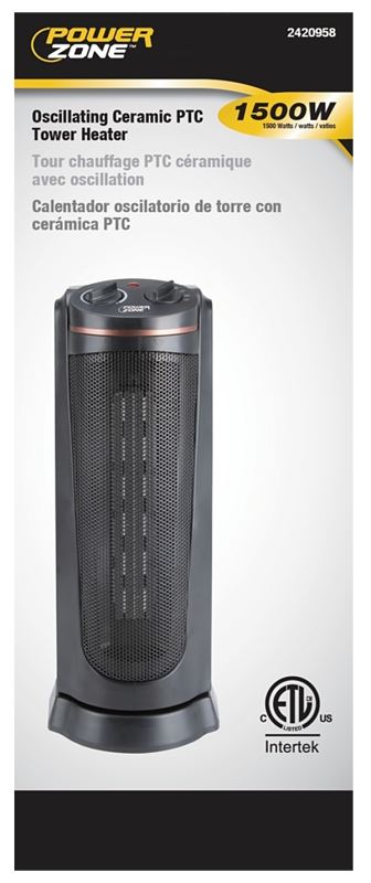 PowerZone Ceramic Tower Heater, 12.5 A, 120 V, 900/1500 W, 1500W Heating, 2-Heat Settings, Black - VORG2420958