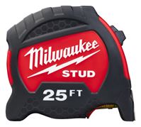 Milwaukee STUD Series 48-22-9725 Tape Measure, 25 ft L Blade, 1-19/64 in W Blade, Steel Blade, ABS Case, Black/Red Case 
