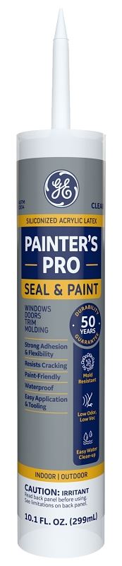 GE Painter's Pro Siliconized Acrylic 2874546 Caulk, Clear, 2 to 7 days Curing, 10 fl-oz Cartridge, Pack of 12