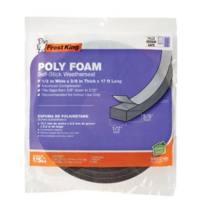Frost King L347 Foam Tape, 1/2 in W, 17 ft L, 3/8 in Thick, Polyfoam, Charcoal