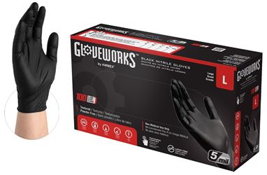 Gloveworks GPNB46100 Non-Sterile Gloves, L, Nitrile, Powder-Free, Black, 13.86 in L 
